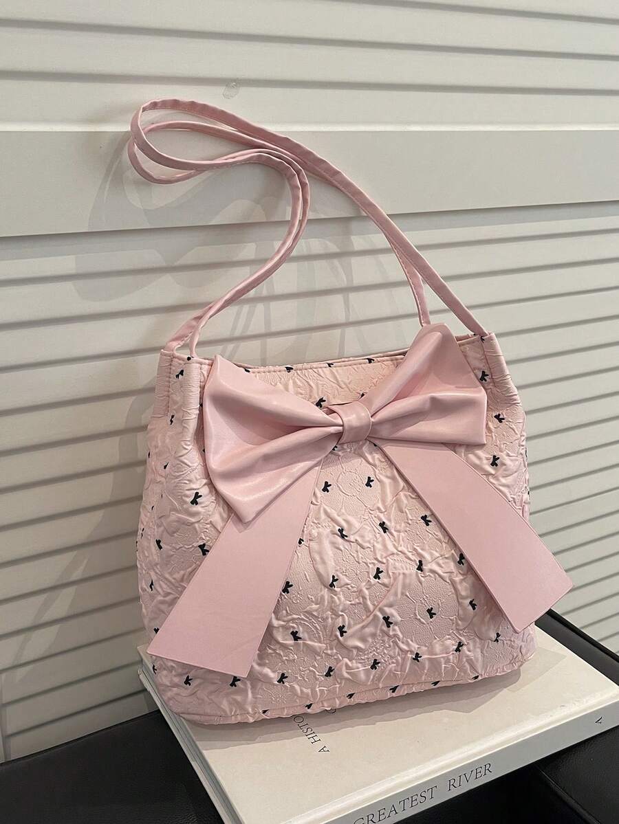 1pc Solid Color Bow Decor Fashion Shoulder Bag, Suitable For Girls, Women For Shopping, Dating, Work - Pink - View 1