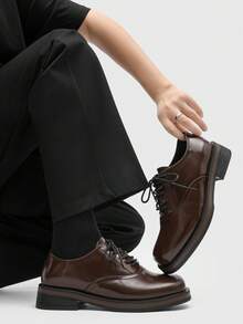 Men's Retro British Style Square Toe Derby Shoes, Lace-Up Formal Dress Shoes, Wedding Shoes, Office Shoes, Couple Loafers - Brown - View 4