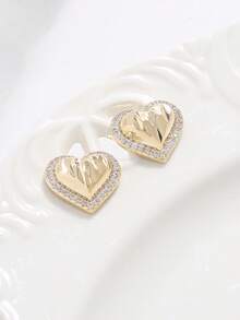 PLINEWAX Fashionable Silver-Tone Heart-Shaped Earrings With Sparkling Crystal Inlay, Delicate Heart Earrings, Everyday Jewelry - Gold - View 7