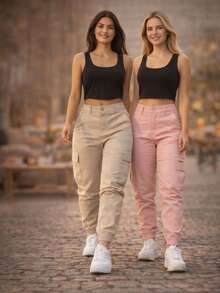 Stillger Moda Jeans Kit 2 Women's Cargo Jeans Jogger High Waist Butt Lifting Premium Pants With Lycra Side Pockets - 米色和粉紅色 - 查看 1