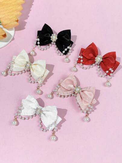 1pc Pearl Tassel Bow Hair Clip, Elegant Palace Style Hair Accessory, Sweet Girl Hair Decoration