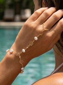 Elegant Gold-Tone Adjustable Faux Pearl Beaded Finger Ring, Bracelet, Crystal Zirconia Bracelet Jewelry Gift For Women - Multicolor - View 1