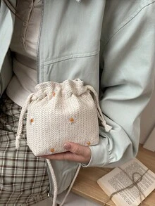 2026 Summer New Versatile Fresh Straw Woven Bucket Bag, Fashionable Lace Shoulder Bag - Beige - View 4