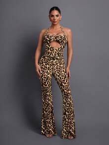 Leopard Print Backless Jumpsuit, Elegant High-End Party Outfit, Flared Leg Design Suitable For Banquet, Fashion Photography, Romantic Evening Gala, Sophisticated Gathering Spring Wedding - Brown - View 4