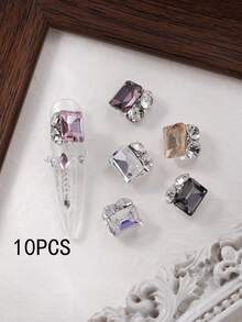 10件裝奢華水晶方形水鑽美甲裝飾，超亮手工鑽球美甲飾品配件，美甲飾件 - 彩色 - 查看 11