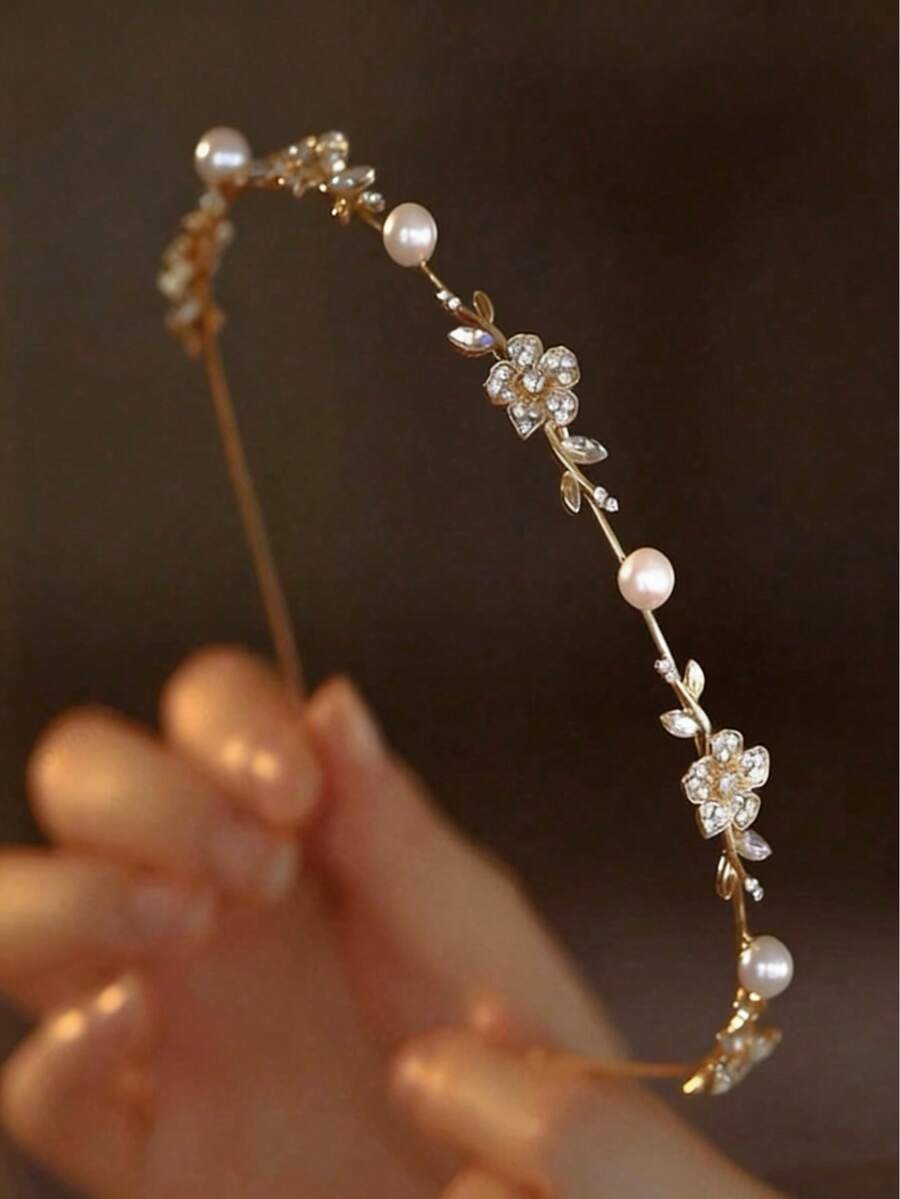 1件珍珠花朵水钻合金极简主义发箍，女士发带，头饰发箍 - 金色 - 查看 1