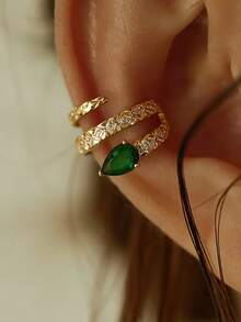 1件新款橄榄绿耳夹，蛇形微镶嵌立方氧化锆耳环，时尚女款耳夹 - 金色 - 查看 1