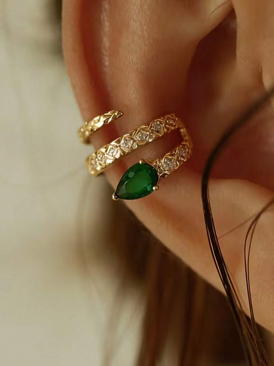 1件新款橄榄绿耳夹，蛇形微镶嵌立方氧化锆耳环，时尚女款耳夹 - 金色 - 查看 1