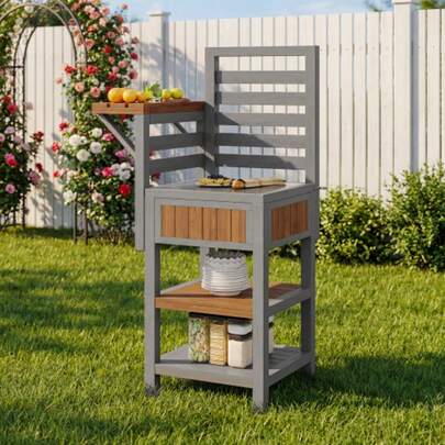 Outdoor Wooden Garden Cabinet Weatherproof, Tool Storage Shed With Large Stainless Steel Worktop & Double Shelf, Grill Station With Extra Storage Space, Outdoor Weatherproof Kitchen Cabinet