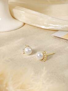 1 Paio di orecchini alla moda minimalisti placcati in oro 14K con perle, orecchini eleganti con zirconia cubica, adatti per gioielli da matrimonio, regalo per novelli sposi, uso quotidiano e occasioni di matrimonio, ipoallergenici e di lunga durata - Dorato - Visualizzare 4
