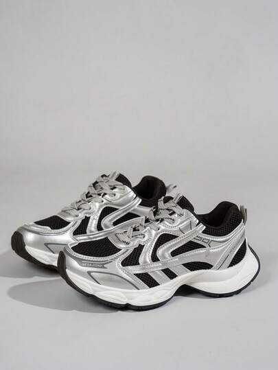 Giày thể thao nữ kiểu dáng mới, đế dày lưới thoáng khí, giày buộc dây nhẹ, đa năng, màu trắng/xám, phù hợp cho mọi mùa.