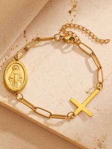 1pc Stainless Steel Jewelry Bracelet, Versatile Cross & Saint Design, Minimalist Elegant High-End Elegant, Suitable For Women's Daily, Party, And Gift Giving - Multicolor - View 10