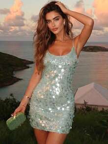Women's Elegant Mint Green Sequin Spaghetti Strap Bodycon Mini Dress, Sexy Club Party Outfit - Mint Green - View 5