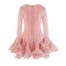 New Spring/Autumn Style Niche Design Button-Up Long-Sleeved Dress With Puff Print And Ruffles For A Slimming Look - Pink - View 8