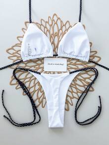 2pcs Solid Color Sexy Backless Tie Halter Women's Swimsuit Bikini, Beach Resort/Stage And Concert Wear, Summer Vacation White - White - View 2