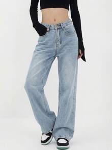 Chicago Letter Print Jeans Women's Baggy Boyfriend Jeans Wide Leg High Rise Dark Wash Vintage Jeans Y2K Street Denim Pants - Màu xanh lam - Xem 2