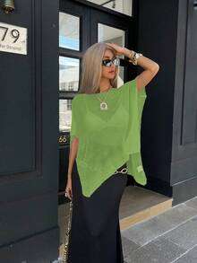 Sylvia 女士夏季纯色镂空蝙蝠袖船领宽松罩衫，轻薄网眼针织面料，防晒百搭，休闲舒适，简约性感，甜美清爽的海滩度假旅行装 - 綠色 - 查看 9