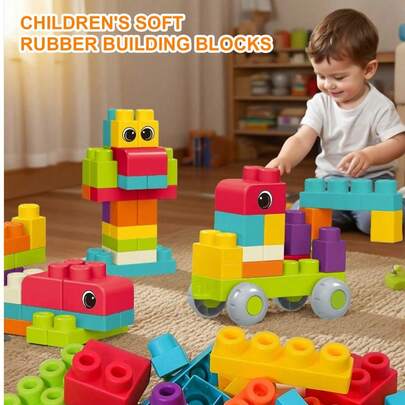 16/21/37/50pcs Large Soft Bite & Boilable Building Blocks, Children Educational Toys With Storage Bin, Suitable For Boys & Girls 3+ Years Old