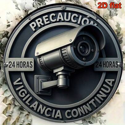 2D Flat, 1pc 8x8 Inch Round Spanish CCTV Camera Sign - Vintage Industrial Decor, 24/7 Surveillance, Durable Iron Metal Plaque, Suitable For Home, Office, Bar, Room Decoration, Pre-Drilled Holes, As Shown In Size