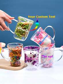 Customized Text LOGO Double-Layer Glass Starry Sky Dried Flower Cup, Creative Minimalist Heatproof Handled Coffee Cup With Dried Flowers, Couples Gift - Multicolor - View 6