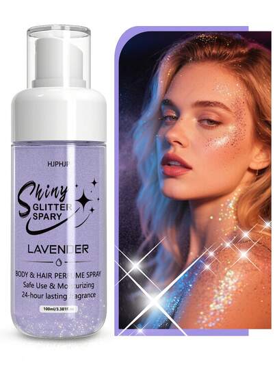 HJPHJP 闪亮亮片喷雾，100毫升 - 薰衣草亮片喷雾，身体亮片喷雾，头发亮片喷雾，蕴含植物成分，使用方便，浓郁持久的薰衣草香气，闪亮效果，适合作为约会礼物/音乐节礼物/婚礼妆容礼物。