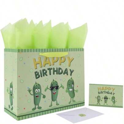 13'' Large Pickle Birthday Gift Bag Set With Handles Green Tissue Papers Stickers Greeting Card For Women Boys Girls Teens Cucumber Vegetable Themed Design