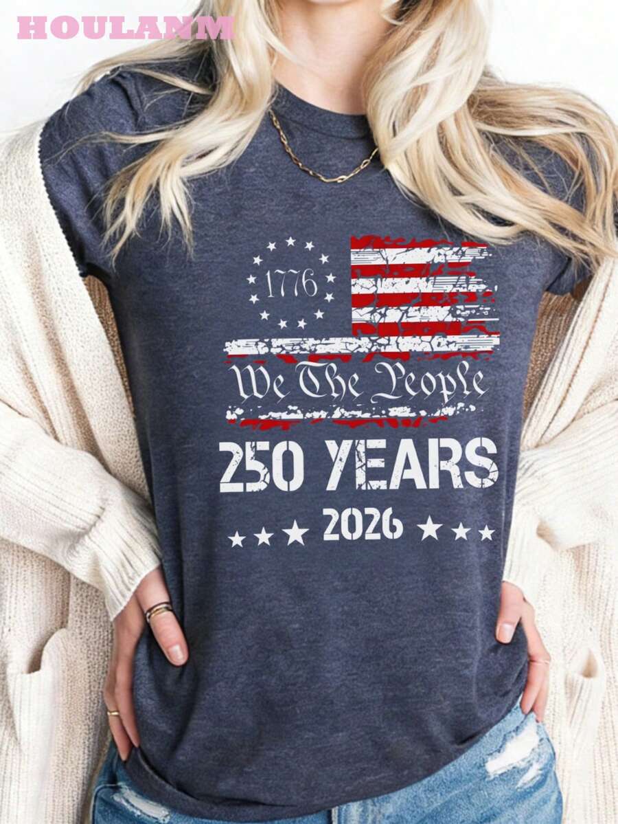 4th Of July 250th Anniversary "We The People" American Flag T-Shirt | Tops For Women, Casual Crew Neck, Summer Clothes Women, Spring Outfit, Patriotic Aesthetic Tee - 藏蓝色 - 查看 1