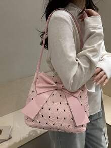 1pc Solid Color Bow Decor Fashion Shoulder Bag, Suitable For Girls, Women For Shopping, Dating, Work - Pink - View 4