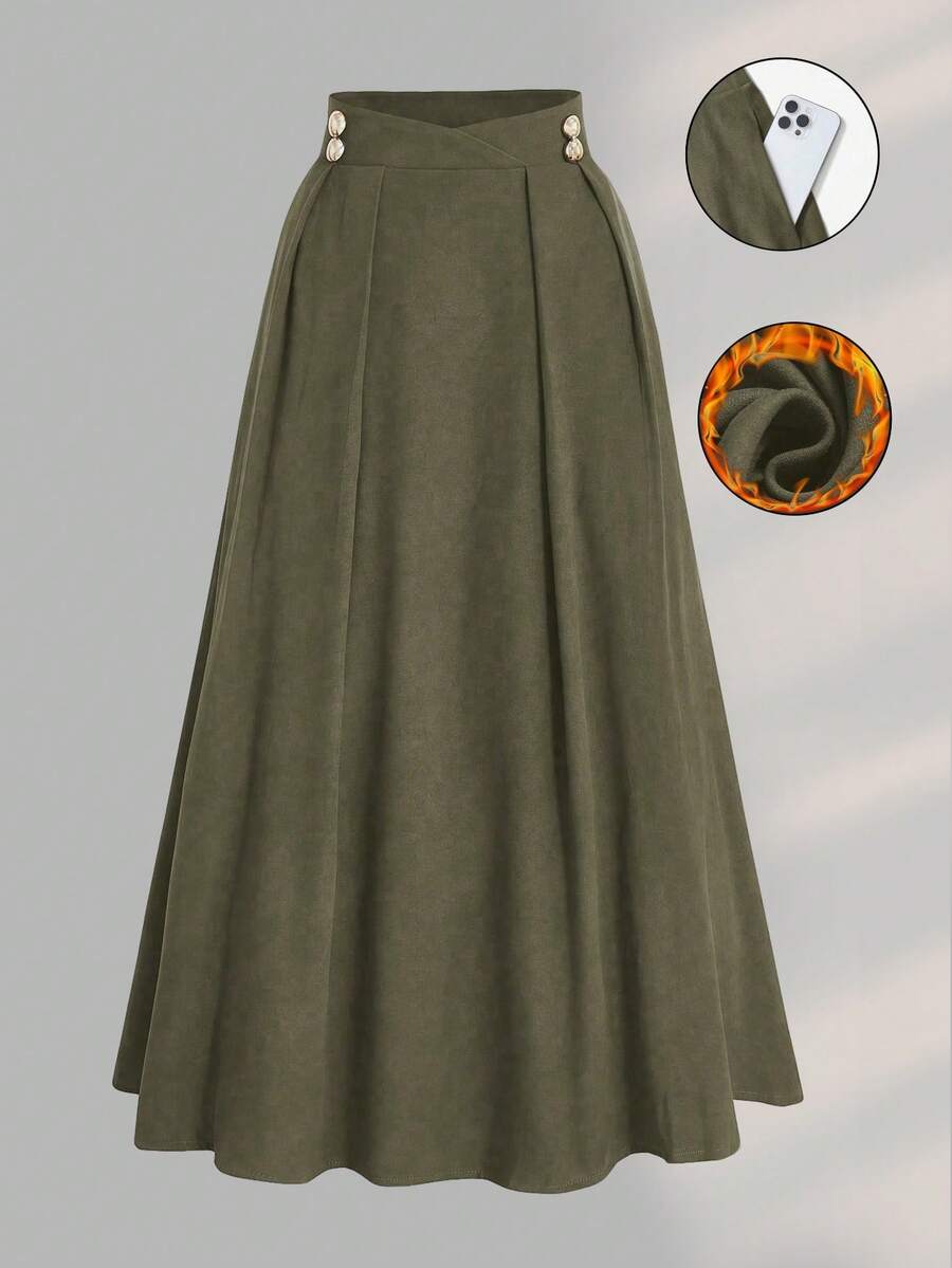 Chân váy chữ A xếp ly màu trơn cạp cao thanh lịch dành cho nữ - xanh quân đội - Xem 1