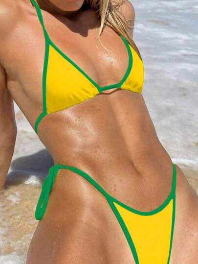 2pcs Women's Swimwear, Yellow & Blue Contrast Color Tie-Up Crop Top And Tie-Side Bikini Bottom Vacation Beach Summer