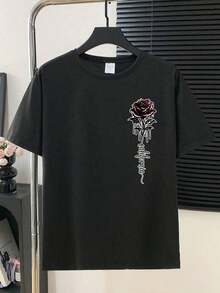 Men's Casual Short Sleeve Crew Neck T-Shirt With Letter And Rose Print, Popular Christmas Item - Black - View 11