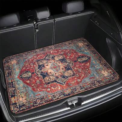 Universal Car Trunk Mat, Red Base With Vintage Pattern Design, Vintage-Style Digital Print Car Trunk Mat, Stylish And Versatile, Comfortable And Beautiful, Car Interior Accessory, Rubber Anti-Slip Backing, Suitable For Various Car Models, Easy To Clean, Machine Washable And Foldable, Suitable For All Seasons