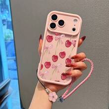 一套包含幸运山茶花挂绳和樱桃图案TPU粉色手机壳，适合作为情侣、女友、女儿、青少年的生日和圣诞礼物。 - 粉色 - 查看 3