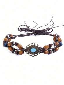 A Western Country Cowboy Hat Made Of Faux Suede Fabric, Paired With A Windproof Rope And Hand-Stitched Wooden Beads Set With Sapphires, Suitable For Daily Leisure, Music Festivals, And Parties. - Deerskin Heart - View 7