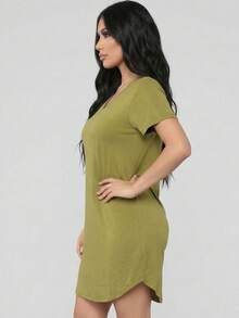 Womens V Neck Short Sleeve Casual Tee Dress Knitted Fabric High Stretch Elegant Midi Dress - Cành ô liu - Xem 2