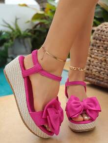 女士新款编织双带蝴蝶结装饰坡跟高跟凉鞋，甜美露趾蝴蝶结一体式厚底防水坡跟草编绳底纯色高跟拖鞋，玫瑰红/黑/白高跟鞋 - 玫紅色 - 查看 4