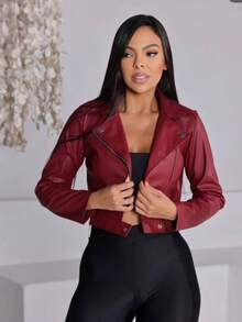 Women's Faux Leather Jacket With Zipper - Autumn 2026 Fashion - 酒紅色 - 查看 1