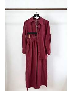 Linen Shirt And Pants Set (2 Pieces), Lined With Elastic. - 酒紅 - 查看 2