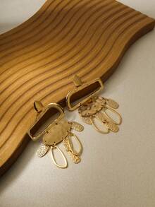 2只几何镂空流苏椭圆形锤纹金属金色耳环，适合派对、晚宴、日常穿搭搭配 - 金色 - 查看 6