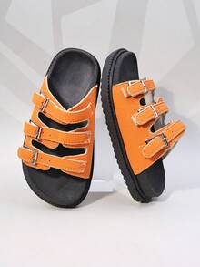 1 Pair Girls' Beige Suede Multi-Buckle Thick-Soled Non-Slip Slide Sandals For Everyday Casual Use - Burnt Orange - View 4