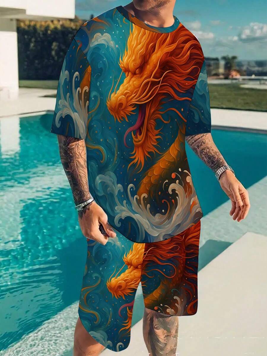 Ensemble 2 pièces pour hommes avec motif dragon, chemise à manches courtes et shorts, tenue de sport, respirante et séchage rapide, convient aux loisirs quotidiens et aux activités de plein air. - Couleurs mélangées - Voir 1