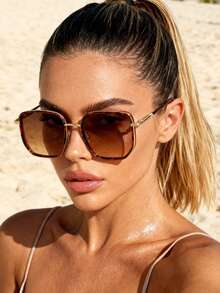 1件装塑料金属方形金属框眼镜架，优雅高级精致太阳镜，春假时尚眼镜，女士夏季海滩优雅外出装扮 - 彩色 - 查看 2