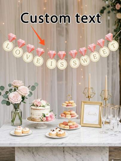 7/14/21枚 カスタムテキスト ピンクダイヤモンドバナー、愛は甘い花嫁バナー、パーソナライズされた結婚式/ブライダルシャワーバナー、ローズゴールドダイヤモンドガーランド デザートテーブルの装飾に、結婚式とパーティーの装飾、婚約指輪 バチェロレットバナー