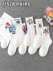 1/5/8 Pairs Retro American Style Sports Mid-Calf Socks, National Embroidered Text Design, Multiple Packs Available, Unisex Student Casual Socks - Multicolor - View 7