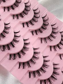 Hinarin 10对假睫毛，透明带，纤细人造貂毛假睫毛，蓬松浓密俄罗斯式假睫毛，3D立体卷翘假睫毛，自然尖头俄罗斯式假睫毛，交叉猫眼假睫毛，适合派对、日常及各种场合的化妆。 - 黑色 - 查看 6