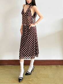 Kliou 女士夏季优雅简约基本款波点中长 A 字裙，2026 时尚简约下装 - 棕色 - 查看 7