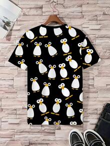 Conjunto de pijama para hombres talla grande | Parte superior de cuello redondo y manga corta, y pantalón corto casual con cintura elástica, conjunto de 2 piezas | Tela de punto de poliéster suave y transpirable, corte holgado | Diseño casual con estampado de pingüinos de ojos grandes - Negro - Ver 3