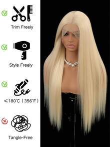 金色13*4蕾丝前假发 613 金色合成直发假发 高清透明蕾丝前假发 预先拔毛 自由分缝蕾丝前假发 耐热纤维假发 日常佩戴 音乐会 - 金色 - 查看 4