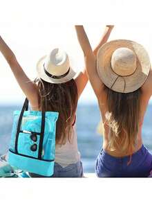 1pc Oversized Mesh Beach Bag - Anti-Sand Swimming Tote Bag, Extra Large Capacity, Suitable For Family Use, Foldable & Lightweight, With Zipper And Extra Pockets, Can Carry Toys And Beach Vacation Essentials - Multicolor - View 3