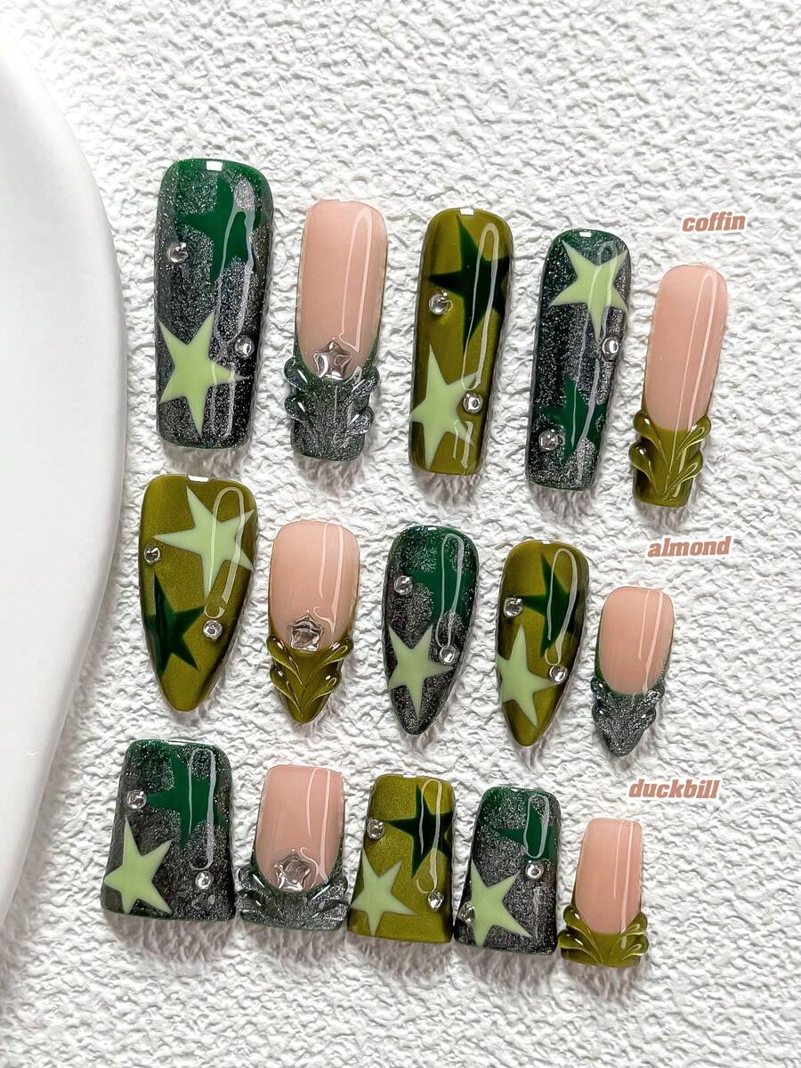 10Pcs Understated French Style Polygel Nail Set,Hand-Painted Light Green And Dark Green Irregular Five-Pointed Star Nail Decorations,Solid Color Water Ripple,White 3D Five-Pointed Star,Dark Green Cat Eye Nail Polish,Comes With Nail Tools(1 Sheets Jelly Stickers+1PC Nail File)3 Sizes Available,Almond Nails, Duck Nails,Coffin Nails,The Perfect Gift For Romantic Spring - 彩色 - 查看 1